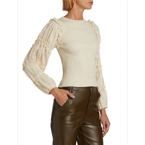 En Saison Cream Sweater Top Rufffle Detail, Size Large - Picture 3 of 11